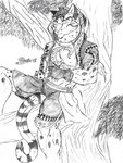 anthro bottomwear clothed clothing ears_up fingerless_gloves fur gloves handwear in_tree looking_at_viewer male markings mouth_closed narrowed_eyes plant shorts sitting sitting_in_tree solo spots spotted_body spotted_fur tail tail_between_legs tree marcushunter nekojishi studio_klondike likulau clouded_leopard felid mammal pantherine 2018 hi_res signature