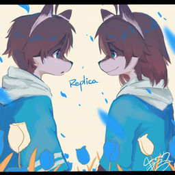 adolescent anthro blue_clothing blue_eyes blue_hoodie blue_topwear brown_hair clothed clothed_anthro clothing duo hair happy hoodie male open_mouth side_view surprised topwear young young_anthro young_male aru7g morenatsu nanafuse shun_kodori canid canine canis domestic_dog mammal 1:1 2022 digital_drawing_(artwork) digital_media_(artwork) hi_res