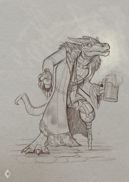 4_fingers 4_toes alcohol amputee beer beverage clothed clothing coat disability feet fingers gesture hand_gesture horn male pointing pointing_at_viewer prosthetic prosthetic_leg prosthetic_limb solo toes topwear wooden_leg amarian kakko kobold scalie hi_res monochrome sepia