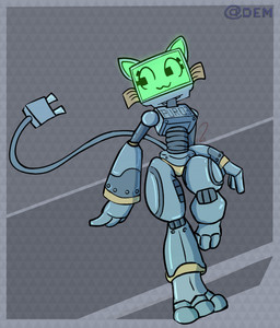 :3 anthro cable_tail electrical_plug electrical_plug_tail fake_whiskers female for_a_head green_face green_inner_ear grey_body machine name_tag noseless note number one_leg_on_ground post-it_note robot_tail robotic_arm screen screen_face segmented_arms segmented_body segmented_legs segmented_tail solo tail thick_thighs white_body wide_hips claytooning pur_03 domestic_cat felid feline felis mammal monitor_head object_head robot robot_anthro absurd_res digital_media_(artwork) hi_res