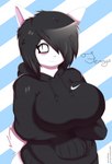 anthro big_breasts breasts clothing female hair hoodie messy_hair smile solo topwear whatever9903 femmy_(smokyjai) lagomorph leporid mammal rabbit absurd_res hi_res