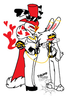 anthro blush blush_lines chained_collar duo jax_(roomwithavoid) leashed_to_belt smoking thumping roomwithavoid hazbin_hotel hellaverse valentino_(hazbin_hotel) arthropod insect lagomorph lepidopteran leporid mammal moth rabbit restricted_palette