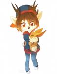 ambiguous_gender anthro antlers brown_eyes brown_hair chibi clothed clothing duo feral hair horn pawpads pink_pawpads simple_background white_background rikitoka nintendo pokemon deer eevee generation_1_pokemon mammal pokemon_(species) hi_res