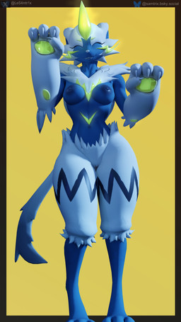 anthro areola athletic athletic_female big_butt blue_areola blue_nipples breasts butt erect_nipples female fur genitals glowing glowing_markings looking_at_viewer markings medium_breasts nipples nude nude_anthro nude_female slim small_waist solo tail thick_thighs vulva white_body white_fur yellow_eyes samtrix warfaremachine_(modeler) nintendo pokemon warfare_zeraora felid feline generation_7_pokemon legendary_pokemon mammal pokemon_(species) zeraora 3d_(artwork) 4k 9:16 absurd_res digital_media_(artwork) hi_res