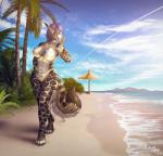 anthro beach bikini breasts clothed clothing detailed_background female food outside popsicle sand seaside skimpy sky solo swimwear two-piece_swimsuit water punisa feligris felid leopard mammal pantherine prehistoric_species saber-toothed_tiger hi_res