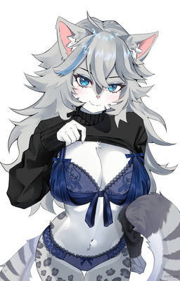 5_fingers ahoge anthro big_breasts black_clothing black_sweater black_topwear black_turtleneck blue_bra blue_clothing blue_eyes blue_highlights blue_panties blue_underwear blush bow_panties bow_underwear bra breasts chest_tuft cleavage closed_smile clothed clothing female female_anthro fingers fur grey_body grey_fur grey_hair grey_spots hair hair_between_eyes highlights_(coloring) inner_ear_fluff lace-trimmed_bra lace-trimmed_panties linea_alba long_hair long_sleeves looking_at_viewer markings mouth_closed multicolored_body multicolored_fur navel panties pantsless presenting presenting_breasts raised_clothing raised_shirt raised_topwear shirt simple_background skin_fang smile solo sparkles sparkling_eyes spots standing striped_markings striped_tail stripes sweater tail tail_markings topwear tuft turtleneck two_tone_body two_tone_fur underwear white_background white_body white_fur xyge felid mammal pantherine snow_leopard 2024 absurd_res hi_res