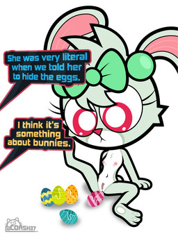 3_fingers 3_toes accessory anthro areola arm_support bent_legs big_areola big_eyes big_head big_iris big_pupils biped black_speech_bubble blank_stare blue_text bodily_fluids bow_(feature) bow_ribbon breasts cheek_tuft chest_tuft countershade_face countershade_fur countershading dialogue ear_piercing ear_ring easter_egg egg eyelashes facial_tuft feet female fingers fur fur_tuft genital_fluids genitals green_body green_bow green_ears green_fur hair_accessory hair_bow hair_ribbon head_tuft holidays humanoid_genitalia humanoid_vulva iris light_body light_fur loli long_eyelashes looking_at_object looking_down mouth_closed multicolored_body multicolored_fur nude nude_anthro nude_female offscreen_character on_model orange_text pawpads piercing pink_areola pink_inner_ear pink_vulva plantigrade pupils pussy_juice_on_object raised_leg red_eyes red_nose ribbons ring_piercing simple_background sitting small_breasts solo species_in_dialogue speech_bubble spread_legs spreading stare style_emulation text three-quarter_view toes tuft two_tone_body two_tone_fur vaginal_fluids vaginal_fluids_on_egg vulva white_background white_body white_breasts white_countershading white_fur white_pawpads white_pupils young young_anthro young_female c.dash37 easter murphy_and_mitzi bunny_(ajmarekart) lagomorph leporid mammal rabbit 2025 artist_name digital_drawing_(artwork) digital_media_(artwork) english_text hi_res