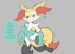 after_transformation annoyed anthro blush braixen canid canine chest_tuft clothed clothing dialogue english_text female fox fur gender_transformation generation_6_pokemon green_eyes inner_ear_fluff kneeling mammal messy_fur mtf_transformation nintendo orange_body orange_fur oshoku_momiji oversized_clothing partially_clothed pokemon pokemon_(species) solo text transformation tuft verbal_reaction_to_tf white_body white_fur yellow_body yellow_fur