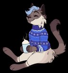 anthro beverage blue_hair brown_body brown_fur brown_nose candy chocolate christmas_clothing christmas_sweater christmas_topwear clothing container cup dessert eyes_closed food fur hair happy holidays hot_chocolate male mug multicolored_body multicolored_fur sitting smile solo spots stripes sweater tan_body tan_fur topwear tiny_mocha_deer christmas robin_(catte) domestic_cat felid feline felis mammal siamese alpha_channel hi_res trans_(lore) trans_man_(lore)