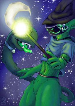 anthro clothed clothing fur green_body green_fur hat headgear headwear holidays machine magic magic_user male moon navel night solo tail tongue tongue_out wizard_hat pistacho_proto halloween protogen 2025 hi_res