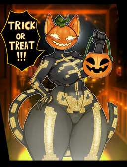 anthro big_breasts black_border blush blush_lines bodysuit border breasts clothing dialogue empty_eyes eyelashes female food for_a_head front_view fruit grey_bodysuit grey_clothing grey_skinsuit hand_on_hip huge_thighs jack-o'-lantern looking_at_viewer nipple_outline orange_body plant pumpkin skeleton_costume skinsuit smal_waist solo speech_bubble talking_to_viewer text thick_thighs tight_clothing wide_hips yellow_eyes gallo_wazavi epic_games fortnite spice_(fortnite) domestic_cat felid feline felis mammal object_head hi_res