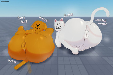 anus balls big_butt black_eyes black_nose bodily_fluids breath brown_body brown_ears brown_fur brown_tail butt duo feral fur genitals legs_up looking_at_viewer looking_back lying male motion_lines musk on_back panting presenting presenting_anus presenting_hindquarters purring quadruped smile sweat tail tail_motion tailwag text thick_thighs whining white_body white_ears white_fur white_tail axoarts roblox canid canine canis classic_cat_(roblox) domestic_cat domestic_dog felid feline felis mammal 2026 artist_name digital_media_(artwork) hi_res