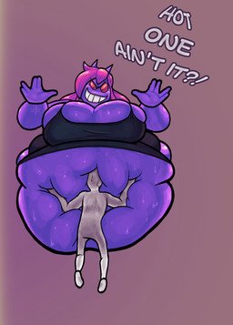 anthro belly bodily_fluids breasts clothing dominant dominant_female duo female hair hand_on_belly male male/female obese overweight purple_body simple_background size_difference smile smirk smothering submissive submissive_male sweat text topwear noctoon nintendo pokemon anon shadie_(noctoon) generation_1_pokemon gengar pokemon_(species) 2021 english_text hi_res