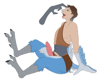 ambiguous_gender anthro avian_feet beak beak_growth blush bottomwear bulge claw_growth claws clothed clothing clothing_lift disembodied_foot duo erection erection_under_clothing feather_growth feathers feet foot_fetish foot_lick foot_on_face foot_play genitals green_eyes growth half_naked head_grab human_to_anthro kneeling licking loincloth loincloth_lift male male/ambiguous mid_transformation penis scuted_legs scutes sitting species_transformation spread_toes tenting toe_claws toes tongue tongue_out transformation tribal tribal_clothing winged_arms wings narusewolf nintendo the_legend_of_zelda macdaracc avian human mammal rito