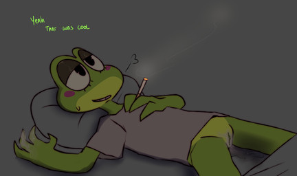 4_fingers added_anatomy after_masturbation anthro bed bed_sheet bedding blush blush_stickers bodily_fluids bottomless bottomless_anthro bottomless_female breath cigarette clothed clothing female fingers flat_chested furniture genital_fluids genitals green_body green_vulva half-closed_eyes lying lying_on_bed narrowed_eyes on_back on_bed pie_cut_eyes pillow shirt slim slim_anthro slim_female smile solo sweat sweatdrop t-shirt text tired tired_eyes topwear vaginal_fluids vulva karnthud glitch_productions the_amazing_digital_circus ribbit_(tadc) amphibian frog absurd_res hi_res