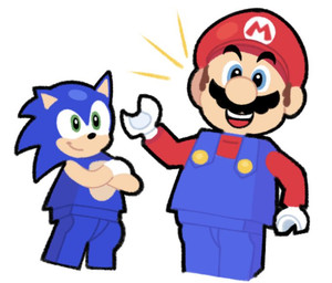 anthro duo male toony mannotoons lego mario_bros nintendo sega sonic_the_hedgehog_(series) mario sonic_the_hedgehog eulipotyphlan hedgehog human lego_minifigure mammal