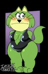 anthro bodily_fluids breasts cleavage clothed clothing female green_body one-piece_swimsuit solo standing sweat swimwear whiskers slash_void hanna-barbera jellystone_(hbo_max) top_cat_(series) spook_(top_cat) domestic_cat felid feline felis mammal 2022 absurd_res alpha_channel full-length_portrait hi_res portrait