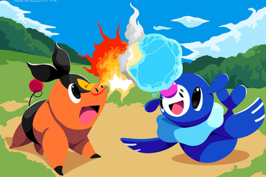 ambiguous_gender black_eyes blue_body cloud duo feral fire markings open_mouth orange_body plant sky tail tongue water whisker_markings sleepy_sealion nintendo pokemon generation_5_pokemon generation_7_pokemon mammal pokemon_(species) popplio suine tepig 2025 absurd_res dated hi_res signature