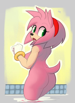 accessory anthro bracelet breasts butt clothing embarrassed female fur gloves green_eyes handwear headband jewelry looking_at_viewer looking_back nude pink_body pink_fur side_boob simple_background solo swimming_pool tail water tkraccoon sega sonic_the_hedgehog_(series) amy_rose absurd_res hi_res sketch