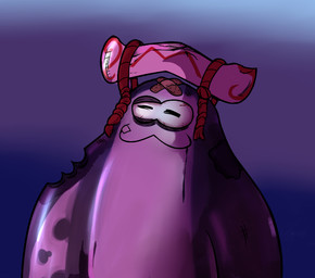:3 anthro bandage bite_mark blood bloodshot_eyes bodily_fluids grey_body humor male solo speckled_body wounded nickben12 blade_runner_2049 nintendo splatoon big_man_(splatoon) aquatic fish ray_(fish) stingray