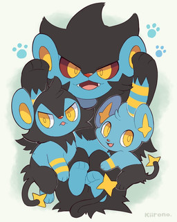 ambiguous_gender black_body black_fur blue_body blue_fur feral footprint fur group looking_at_viewer trio yellow_eyes kiirono nintendo pokemon felid generation_4_pokemon luxio luxray mammal pokemon_(species) shinx 4:5