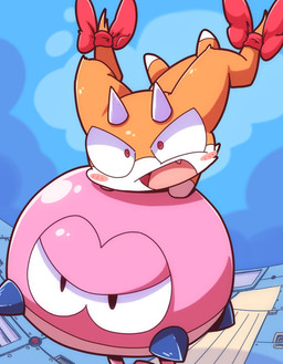 ambiguous_gender blush cute_fangs duo fangs feral horn long_ears machine open_mouth red_eyes ribbons simple_background spikes teeth tongue nettsuu demon imp mammal robot 2017 character_request