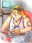 anthro blonde_hair bracelet clothing eyewear floppy_ears goggles hair inventor jewelry machine male screwdriver shirt solo tank_top tattoo tools topwear kemokemumaki lifewonders live_a_hero hisaki_(live_a_hero) canid canine canis domestic_dog mammal robot