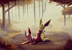 anthro clenched_teeth duo eyes_closed female forest genitals male male/female outside penis plant pussy sex teeth tongue tongue_out tree mulebris nintendo pokemon eeveelution generation_1_pokemon jolteon pokemon_(species)