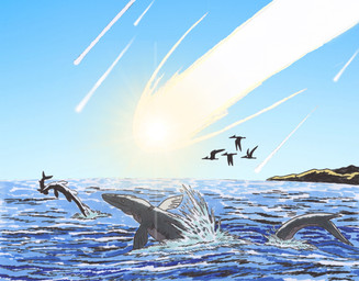 ambiguous_gender asteroid blinded blinding_light duo feral fin flying group head_crest hunting imminent_death imminent_disaster jumping membrane_(anatomy) membranous_wings meteor meteor_shower outside scales sea solo swimming tail tail_fin water wings isaiahctorre aquatic fish mosasaur mosasaurus prehistoric_species pterosaur reptile scalie shark absurd_res hi_res
