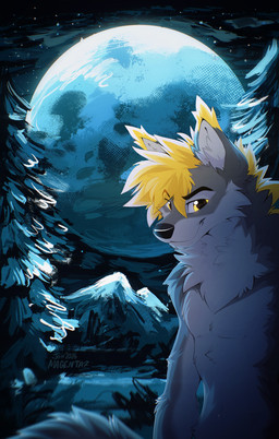 anthro biped countershade_torso countershading front_view fur hair looking_at_viewer male moon mountain nude nude_anthro nude_male outside plant sky smile solo star tail teeth tree magenta7 canid canine canis mammal wolf 2026 absurd_res digital_drawing_(artwork) digital_media_(artwork) hi_res