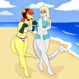 anthro beach bikini black_eyes blonde_hair blush bottomwear breasts cleavage clothed clothing cloud colored_edge_bikini duo eyewear fake_horns feathers feet female freckles grey_body grey_feathers grey_scales hair hand_on_arm hand_puppet hat headgear headwear hotpants humanoid_feet long_hair long_tail midriff navel open_mouth open_smile pattern_bikini pattern_clothing pattern_swimwear plantigrade red_hair sand scales sea seaside shorts sky smile speckled_body standing striped_bikini striped_clothing striped_swimwear stripes sunglasses swimwear tail tail_feathers text tongue two-piece_swimsuit water white_bikini white_clothing white_swimwear yellow_body yellow_scales yellow_sclera sodawave_(artist) cavemanon_studios puppet_pals snoot_game judee schizo_chan_(snoot_game) compsognathid compsognathus dinosaur feathered_dinosaur feathered_scalie prehistoric_species reptile saurischian scalie theropod hi_res spanish_text