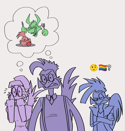 anthro beak blue_beak blue_body blue_feather_hair blue_feathers blue_tail_feathers bodily_fluids clothed clothing crossed_arms cutlery dress emoji eyebrows feathers female fork fur green_body green_ears green_eyes green_fur green_nose green_sclera group hair half-closed_eyes holding_fork holding_knife holding_object jacket kitchen_utensils knife lgbt_pride male narrowed_eyes necktie nervous open_clothing open_jacket open_topwear overalls pride_colors purple_beak purple_body purple_feather_hair purple_hair purple_tail_feathers question_mark rainbow_flag rainbow_pride_colors rainbow_pride_flag rainbow_symbol raised_eyebrow red_beak red_body red_feather_hair red_feathers red_hair scared shirt simple_background six-stripe_rainbow_pride_colors standing sweat sweater thought_bubble tools topwear white_background fernypaw loonatics_unleashed looney_tunes warner_brothers harriet_runner ralph_runner rev_runner rip_runner tech_e._coyote avian bird canid canine canis coyote cuculiform mammal new_world_ground_cuckoo roadrunner 2024 digital_media_(artwork) hi_res sketch brother_(lore) brothers_(lore) father_(lore) father_and_child_(lore) father_and_son_(lore) mother_(lore) mother_and_child_(lore) mother_and_son_(lore) parent_(lore) parent_and_child_(lore) parent_and_son_(lore) sibling_(lore) son_(lore)