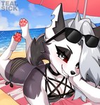 4_toes anthro barefoot beach beach_towel beach_umbrella bikini black_nose blue_sky breasts bubble_butt butt calves_up cleavage clothed clothing cloud day detailed_background eyelashes eyewear eyewear_on_head fangs feet female fur grey_hair grin hair hand_on_cheek hindpaw long_hair looking_at_viewer lying notched_ear o-ring o-ring_bikini o-ring_bikini_top o-ring_swimwear on_front outside parasol pattern_bikini pattern_clothing pattern_swimwear pawpads paws pink_pawpads red_sclera sand sea seaside side-tie_bikini side-tie_clothing side-tie_swimwear sky smile smiling_at_viewer soles solo string_bikini striped_bikini striped_clothing striped_swimwear stripes sunglasses sunglasses_on_head swimwear tail teeth text the_pose toes towel two-piece_swimsuit water white_body white_eyes white_fur tealsick helluva_boss mythology loona_(helluva_boss) canid canid_demon canine demon hellhound mammal mythological_canine mythological_creature 2023 artist_name digital_media_(artwork)