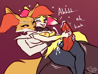 animal_genitalia animal_penis anthro balls big_penis blush bodily_fluids breasts canine_genitalia canine_penis chastity_cage chastity_device cum cum_while_chaste dripping duo ejaculation flat_chastity_cage fur genital_fluids genitals hair hands-free huge_penis leaking_precum male male/male nipples nude open_mouth orgasm penis precum precum_drip simple_background size_difference small_breasts smile tail text tongue tuft yellow_body yellow_fur phenyanyanya nintendo pokemon chi_(mischiefmaster) fan_character grey_(dgbraixen) braixen canid delphox generation_6_pokemon mammal pokemon_(species) digital_media_(artwork) english_text hi_res