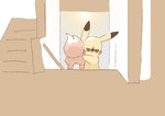 2018 ambiguous_gender brown_body carrying_another duo eevee generation_1_pokemon get_it_go inside nintendo on_shoulder pikachu pokemon pokemon_(species) red_cheeks stairs yellow_body