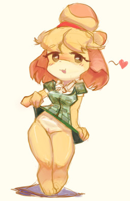 anthro blush blush_lines bottomless chibi clothed clothing clothing_lift female flashing genitals heart_symbol innie_vulva no_underwear shirt shirt_lift simple_background solo standing topwear vulva white_background wide_hips awkwardlytrashy animal_crossing nintendo isabelle_(animal_crossing) canid canine canis domestic_dog mammal