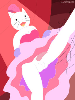accessory animal_genitalia animal_penis anthro balls breasts can-can clothed clothing clothing_lift dancing dress dress_lift erection feather_accessory feline_genitalia feline_penis flashing fur genitals gynomorph intersex motion_lines one_leg_up open_mouth penis pink_clothing presenting presenting_balls presenting_penis raised_leg solo whiskers white_body white_fur conditional_dnp funnyfaemeat ponos_corp. the_battle_cats can-can_cat domestic_cat felid feline felis mammal 3:4 digital_drawing_(artwork) digital_media_(artwork) lineless pixel_(artwork) signature