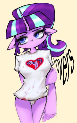 anthro blood blood_splatter bodily_fluids clothing eyeshadow female head_tilt heart_symbol horn makeup shirt simple_background solo t-shirt topwear 21dives friendship_is_magic hasbro my_little_pony mythology starlight_glimmer_(mlp) twilight_sparkle_(mlp) equid equine mammal mythological_creature mythological_equine unicorn hi_res