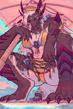 5_fingers anthro beach bikini blue_hair breasts brown_hair chibi claws clothing cloud crouching extreme_size_difference female fingers gold_bikini group hair holding_parasol horn looking_down lying macro male mountain muscular muscular_female open_mouth outside parasol pink_hair red_claws red_sclera sand sitting_on_character size_difference smile swimwear tail two-piece_swimsuit water trololohstuffs mythology agatha_(supsuper) alexandre_(multiball) calliope_sun ephie_(savielle) nora_(hans_lewdington) random_character_i_made_(trololohstuffs) razulia_(trololohstuffs) canid dragon felid mammal mythological_creature mythological_scalie scalie 2025 2:3 absurd_res digital_media_(artwork) hi_res