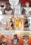 anthro balls bdsm blood bodily_fluids body_size_growth book burning chastity_cage chastity_device cursed_chastity_cage cursed_object dialogue duo enchanted_item facial_scar fur genitals gold_(metal) gold_chastity_cage gold_chastity_device growth hair horn magic male male/male muscular nervous nervous_sweat nipples nosebleed nude occult_symbol open_mouth penis pentagram permanent_chastity_device runes scar simple_background size_difference size_play size_transformation smile speech_bubble stripes submissive sweat sweatdrop symbol tail text tongue transformation white_body white_fur picantetortuga mythology darius_(picantetortuga) juno_(picantetortuga) canid canine canis felid hybrid mammal mythological_canine mythological_creature pantherine tiger werecanid werecanine werecreature werewolf wolf absurd_res comic digital_media_(artwork) english_text hi_res