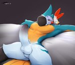 anthro balls beak big_penis biped black_background black_beak blue_body blue_feathers erection feathers foreskin genitals male orange_eyes penis pupils simple_background sitting slit_pupils smile solo spread_legs spreading white_balls yellow_body yellow_feathers nopetrol breath_of_the_wild nintendo the_legend_of_zelda kass_(tloz) avian rito 2023 better_version_at_source digital_media_(artwork) hi_res