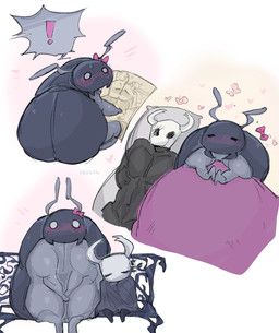 2_horns ambiguous_gender anthro bench biped black_eyes blush body_pillow bow_ribbon cloak clothed clothing duo empty_eyes exclamation_point eyes_closed female horn kissing male male/female on_bench pillow sitting sitting_on_bench 116116116el hollow_knight_(franchise) team_cherry bretta_(hollow_knight) the_knight_(hollow_knight) arthropod beetle insect vessel_(species) 2025 hi_res