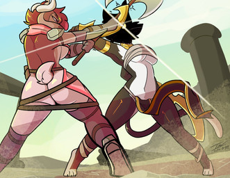 accessory action_pose action_scene anthro armband armor axe big_breasts black_body black_fur blade bottomwear breasts butt chest_wraps claws clothed clothing duo egyptian egyptian_clothing female fight fighting_pose fur gauntlets gloves gold_(metal) gold_jewelry hair handwear holding_object holding_weapon horn jewelry leg_wrap loincloth multicolored_body multicolored_fur obscured_face outside pink_body pink_eyes pink_fur pink_hair pose scarf shoulder_pads side_boob skimpy standing straps tail toe_claws topwear two_tone_body two_tone_fur under_boob usekh weapon white_body white_fur wraps prate-dragon bacardi_(muart242) terra_(prate) bovid bovine cattle domestic_cat felid feline felis mammal 2026 hi_res