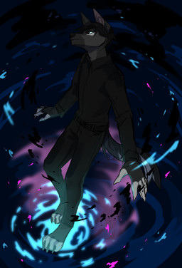 anthro belt black_belt black_bottomwear black_clothing black_hair black_nose black_pants black_sclera black_topwear blue_eyes bottomwear clothed clothing dark_body dark_fur fur grey_body grey_fur hair looking_at_viewer magic_user male mouth_closed pants simple_background solo standing topwear unsigned corzh77 canid mammal absurd_res full-length_portrait hi_res portrait