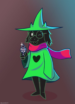anthro black_body black_fur clothing eyewear fur gesture glasses glint gun hand_gesture handgun hat headgear headwear heart_clothing heart_print heart_symbol horn looking_at_viewer male one_eye_closed pointing print_clothing ranged_weapon revolver scarf smile smug solo standing weapon weapon_glint arwokom deltarune ralsei_with_a_gun undertale_(series) ralsei bovid caprine darkner goat mammal hi_res meme