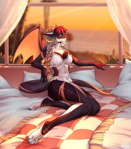 anthro bed biped bra breasts claws clothed clothed_anthro clothed_female clothing countershade_torso countershading ear_piercing feet female fingers front_view furniture hair horn inside navel panties piercing pillow plant sitting sky smile solo tail toes tree underwear underwear_only water window wings mergremil mythology dragon mythological_creature mythological_scalie scalie 2026 digital_drawing_(artwork) digital_media_(artwork) hi_res