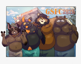 anthro belly big_belly bottomwear clothing collar eyes_closed eyewear facial_hair glasses group hug male mature_male moobs mustache nipples outside overweight overweight_male pants standing dober bear canid canine canis domestic_dog felid lagomorph leporid lion mammal pantherine rabbit 2026 hi_res