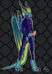 abstract_background anthro blue_body blue_eyes blue_scales bodily_fluids clothing cum cum_on_penis easy_access genital_fluids genitals glistening glistening_clothing green_hair hair horn latex latex_clothing latex_skinsuit looking_at_viewer male markings membrane_(anatomy) membranous_wings penis purple_latex rubber_clothing scale_markings scales skinsuit solo standing tail tight_clothing wings kwakapaint mythology dragon mythological_creature mythological_scalie scalie absurd_res hi_res signature