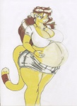 accessory anthro belly big_belly big_breasts bottomwear breasts butt clothed clothing female furgonomics huge_breasts jewelry mature_anthro mature_female navel outie_navel pregnant pregnant_anthro pregnant_female ring simple_background skimpy skirt solo tail tail_accessory tail_jewelry tail_ring thick_thighs white_background danellz kathy_(danellz) felid lion mammal pantherine traditional_media_(artwork)