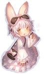 5_fingers black_bow black_purse blush clothed clothing dress fingers fully_clothed looking_at_viewer open_mouth open_smile simple_background smile solo white_background white_bow white_clothing white_dress yellow_eyes bandam33 made_in_abyss nanachi 2021 hi_res